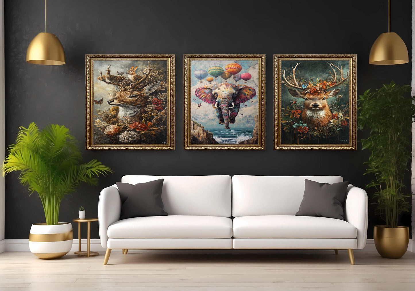 Whimsical Animal Canvas Print Set: Elephant, Deer, Floral Nursery Art