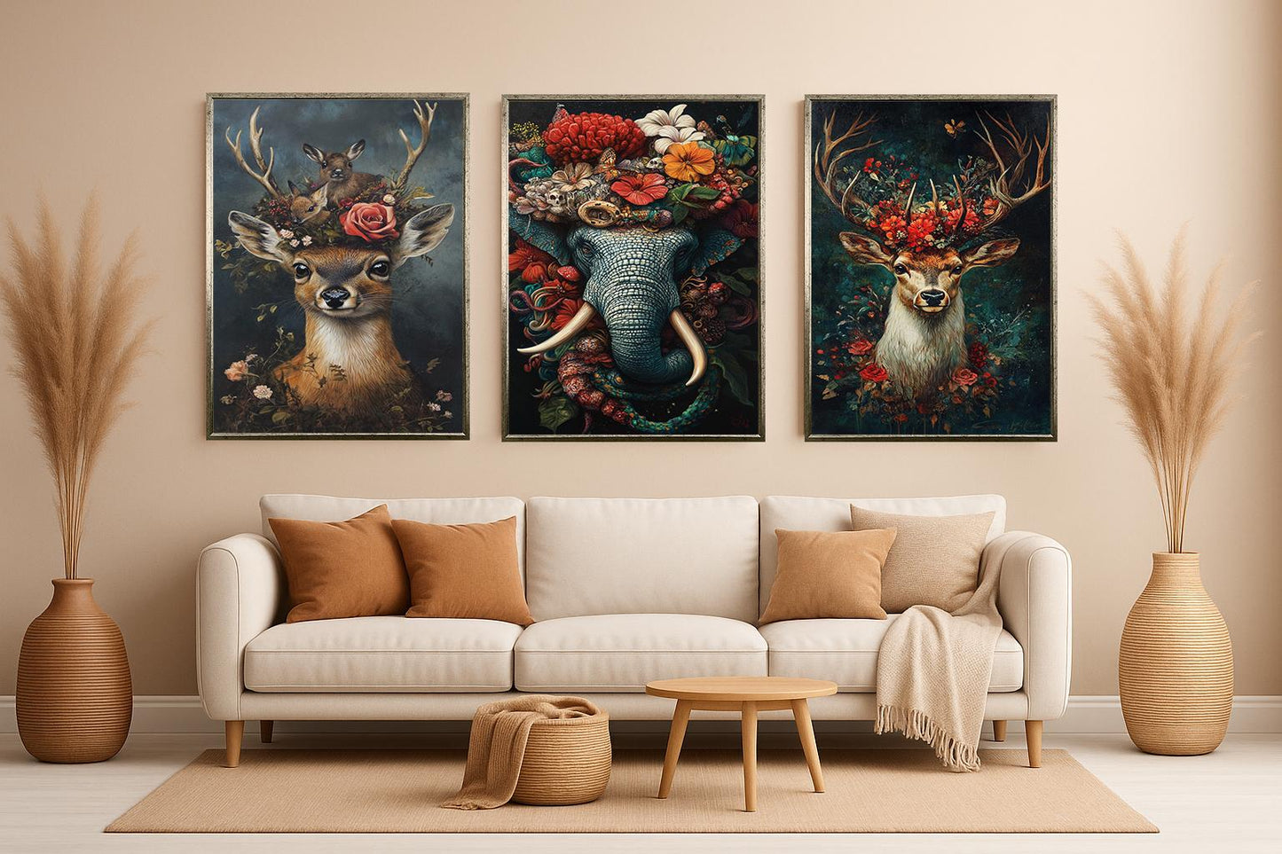 Floral Animal Canvas Print Set: Elephant, Deer - Surreal Wall Art