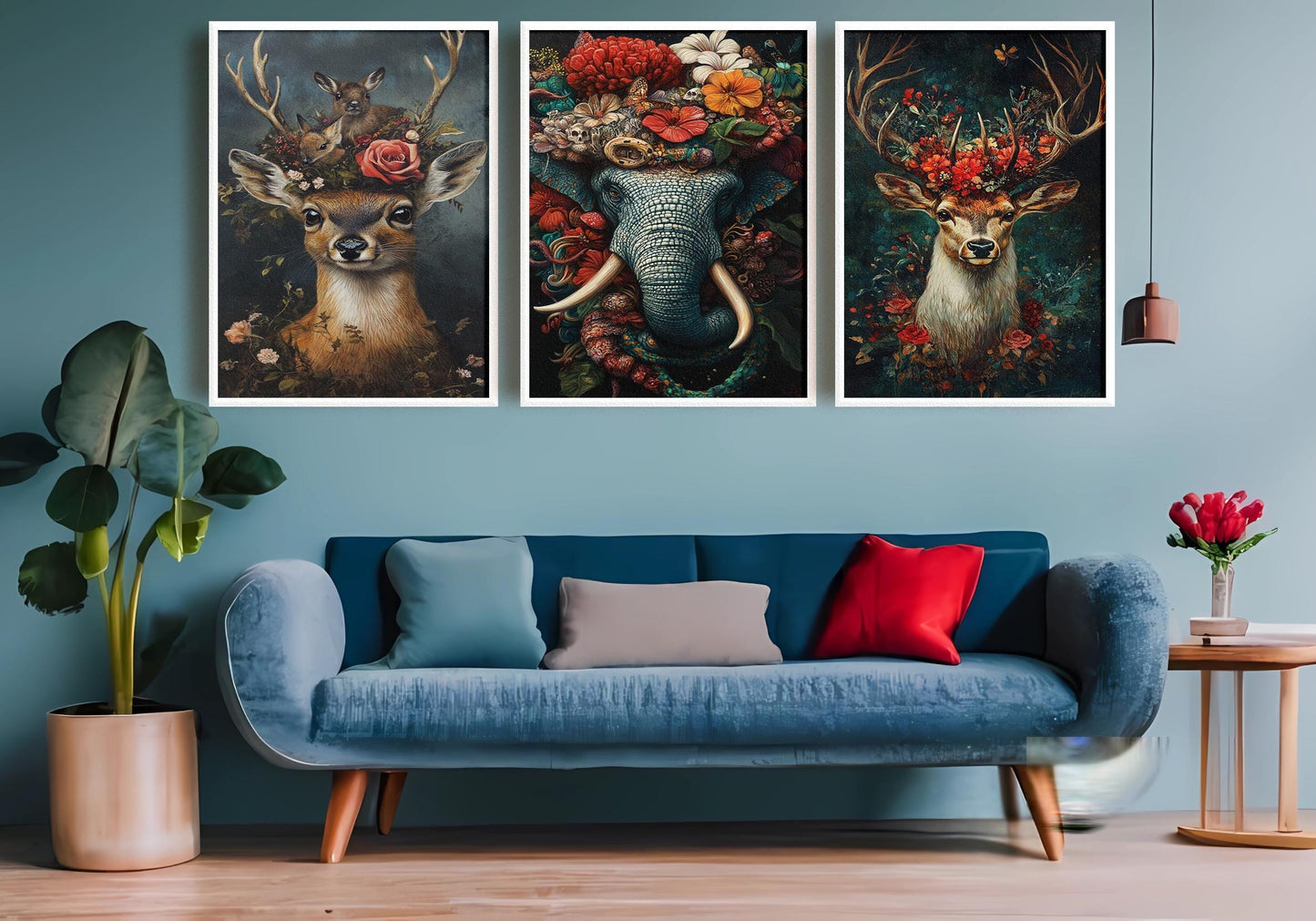 Floral Animal Canvas Print Set: Elephant, Deer - Surreal Wall Art