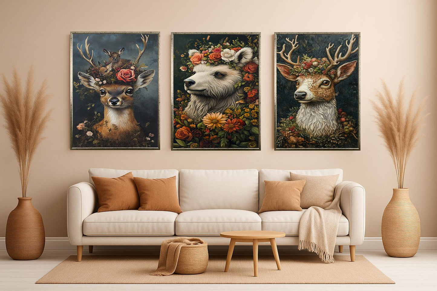 Floral Animal Canvas Print Set: Deer, Bear, Woodland Nursery Decor
