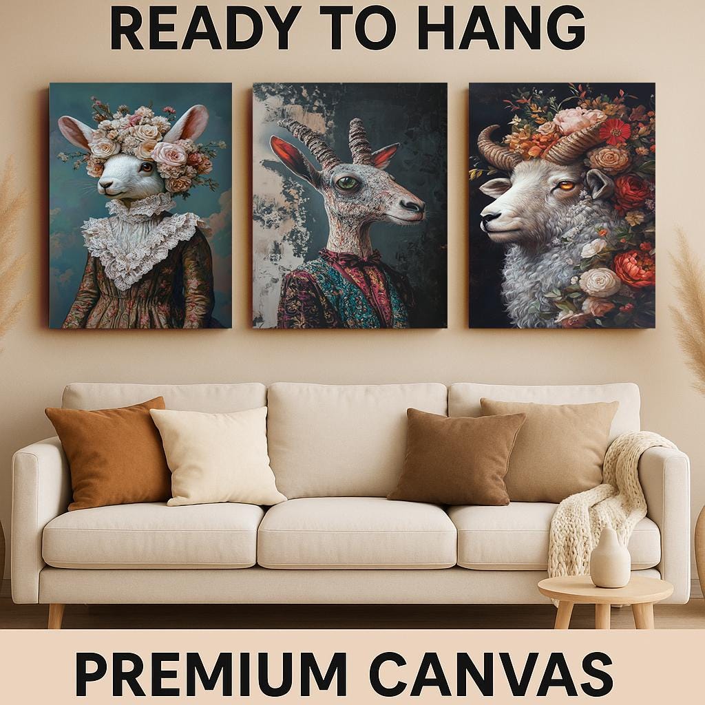 Whimsical Animal Portrait Set: Goat, Ram, Rabbit - Surreal Wall Art