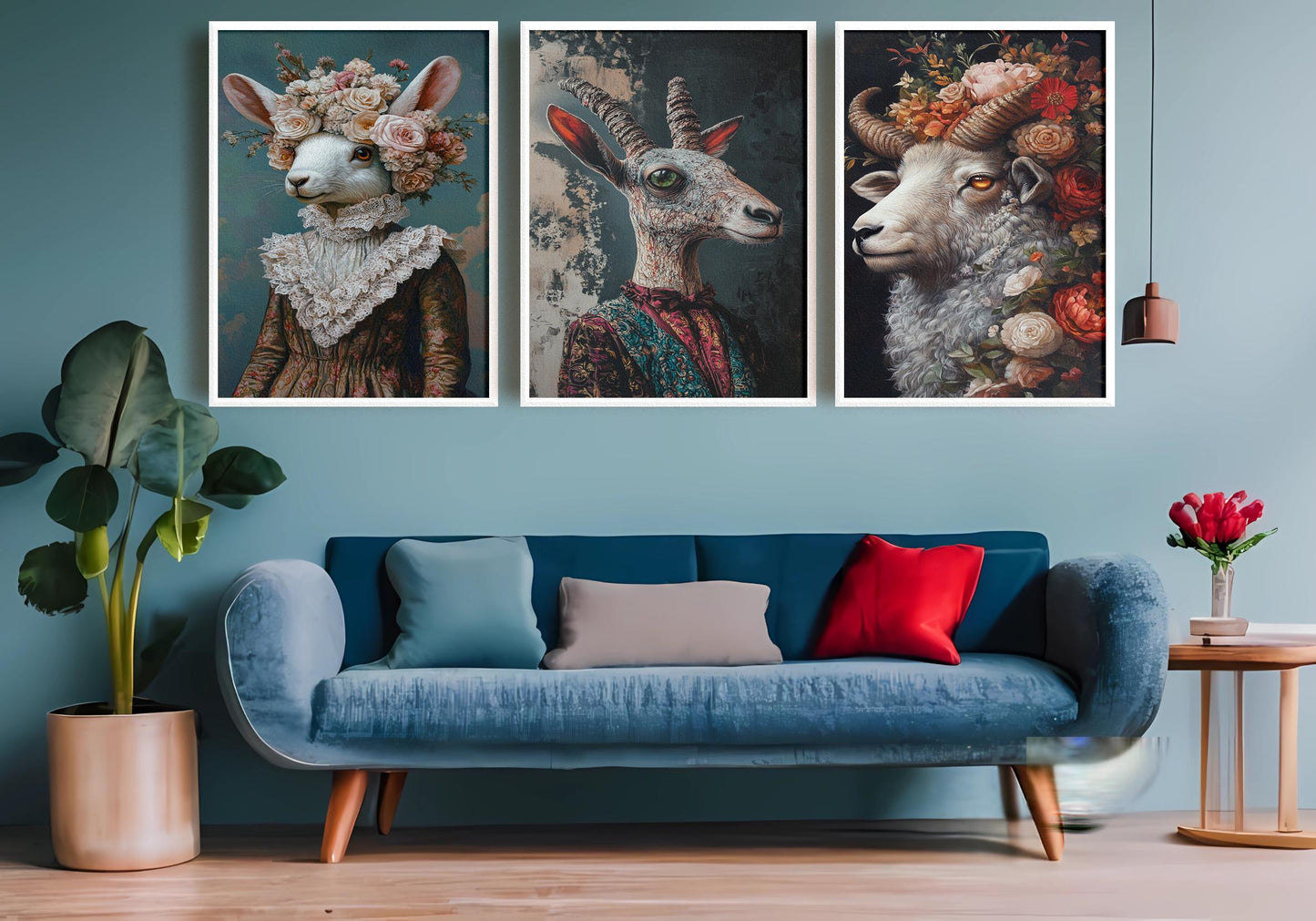 Whimsical Animal Portrait Set: Goat, Ram, Rabbit - Surreal Wall Art