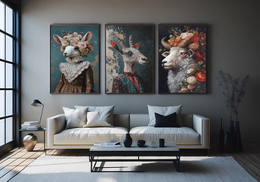 Whimsical Animal Portrait Set: Goat, Ram, Rabbit - Surreal Wall Art