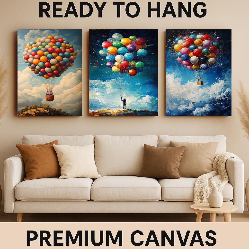 Whimsical Balloon Canvas Print Set: Child & Hot Air Balloon Wall Art