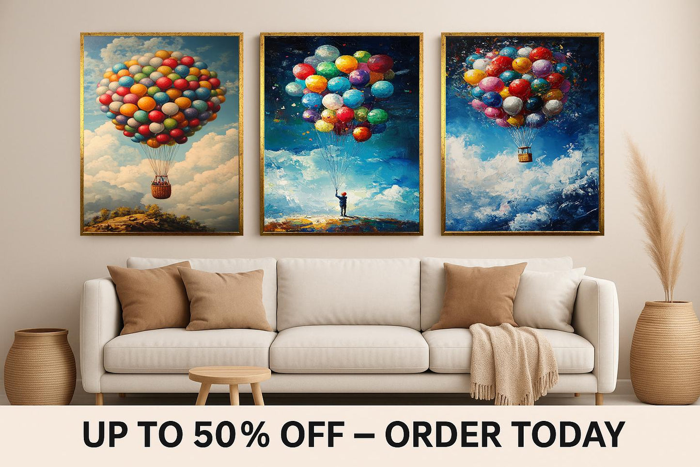 Whimsical Balloon Canvas Print Set: Child & Hot Air Balloon Wall Art