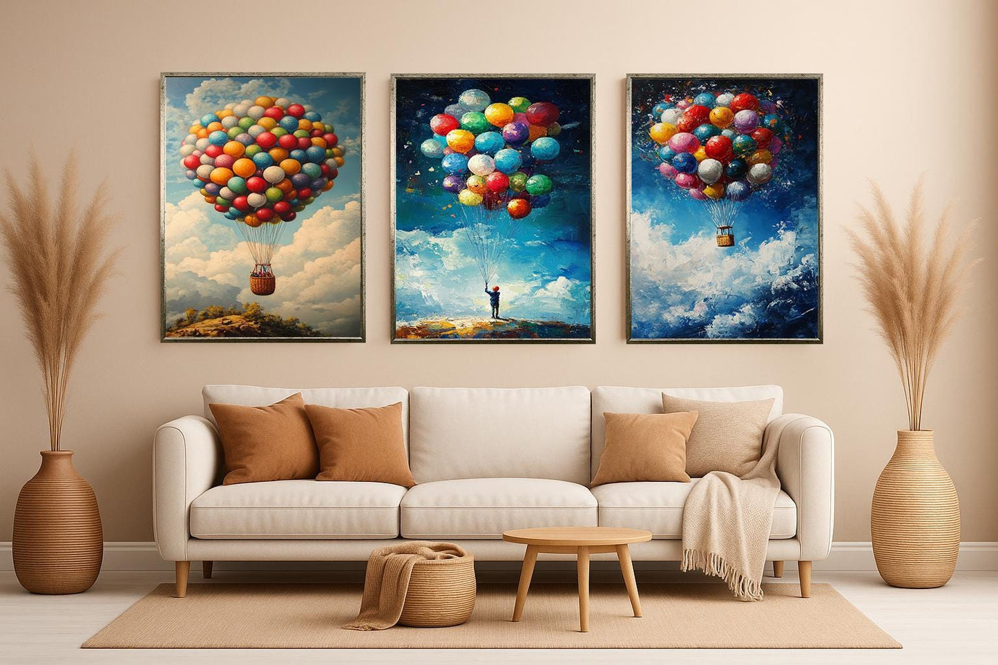 Whimsical Balloon Canvas Print Set: Child & Hot Air Balloon Wall Art
