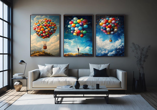 Whimsical Balloon Canvas Print Set: Child & Hot Air Balloon Wall Art