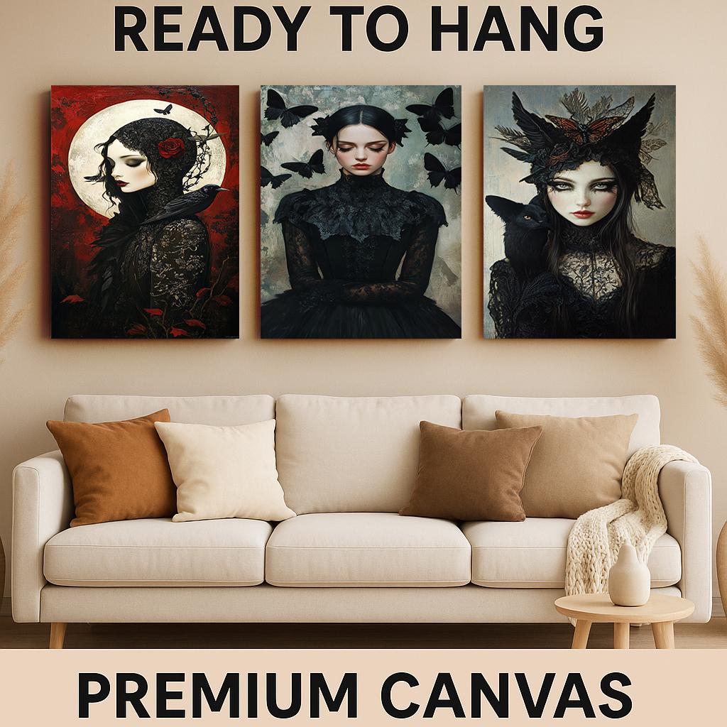 Gothic Victorian Woman Art Prints: Black Cat, Crow & Butterfly - Set of 3