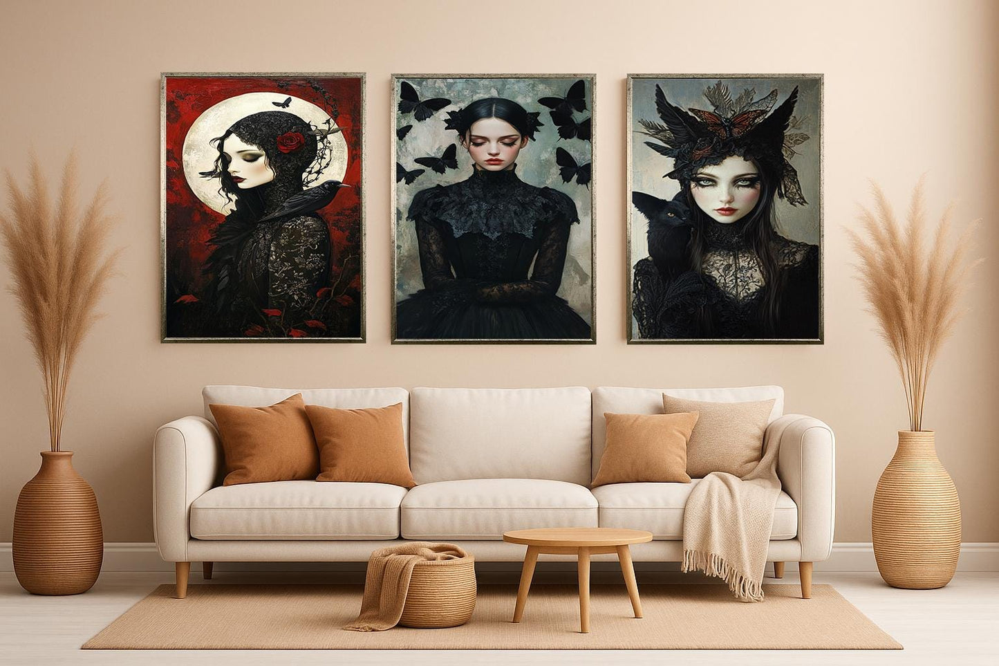 Gothic Victorian Woman Art Prints: Black Cat, Crow & Butterfly - Set of 3