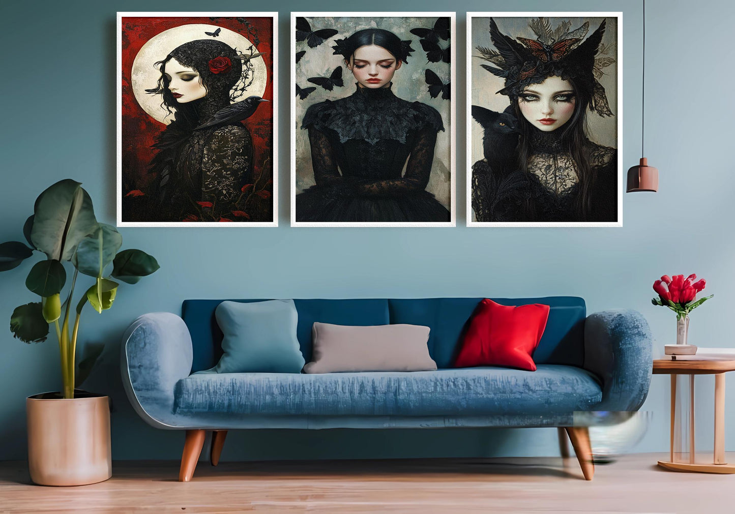 Gothic Victorian Woman Art Prints: Black Cat, Crow & Butterfly - Set of 3