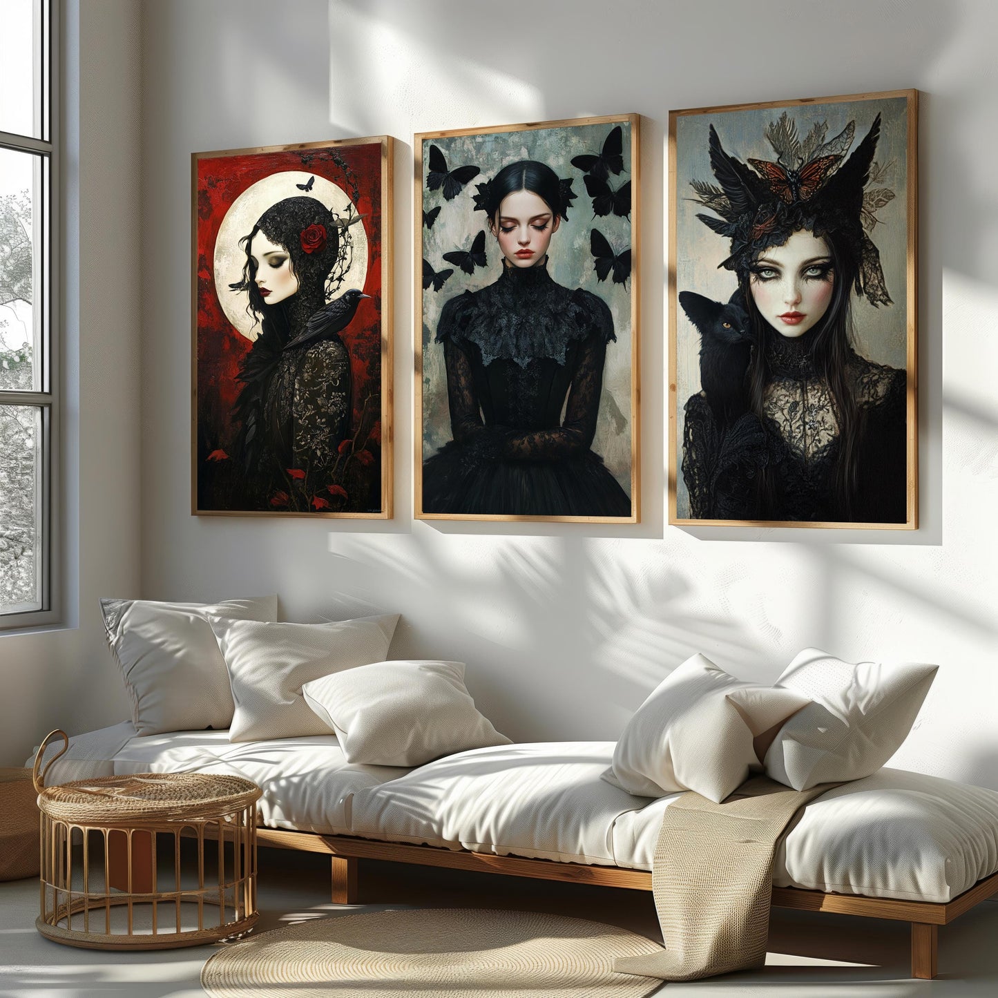 Gothic Victorian Woman Art Prints: Black Cat, Crow & Butterfly - Set of 3