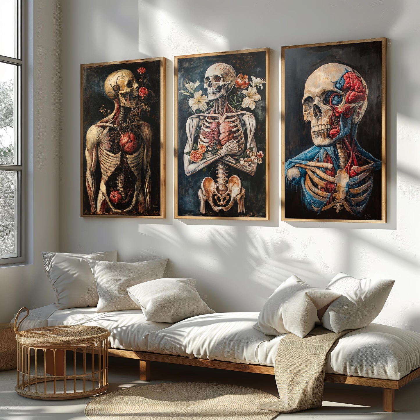 Anatomical Skeleton Art Prints: Gothic Floral Skull Decor, Set of 3