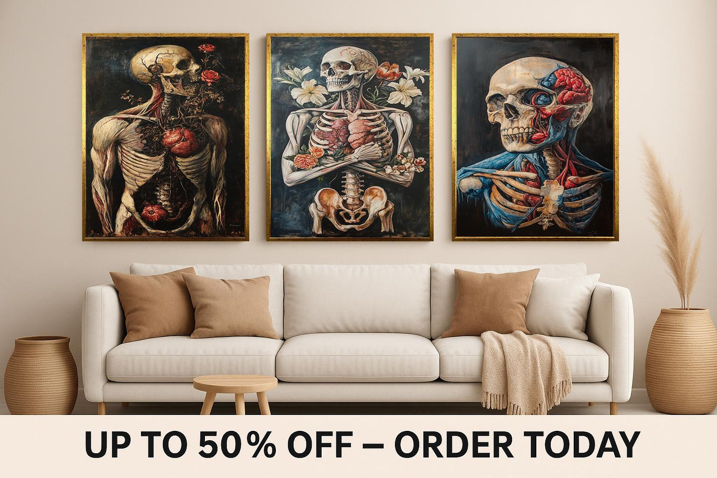 Anatomical Skeleton Art Prints: Gothic Floral Skull Decor, Set of 3