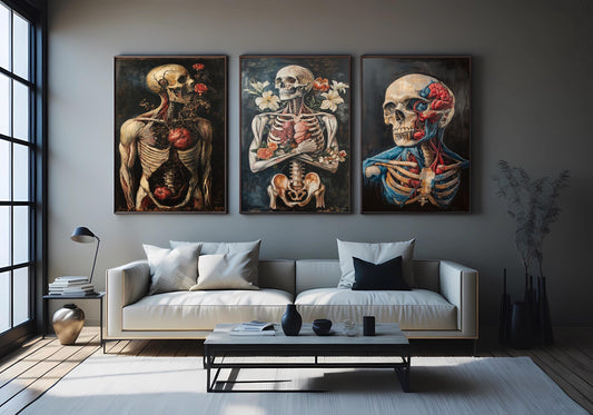 Anatomical Skeleton Art Prints: Gothic Floral Skull Decor, Set of 3