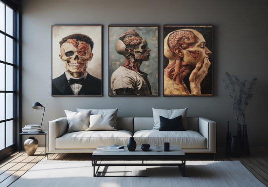 Gothic Anatomical Art Print Set: Skull, Brain, Muscle - Dark Surreal Decor