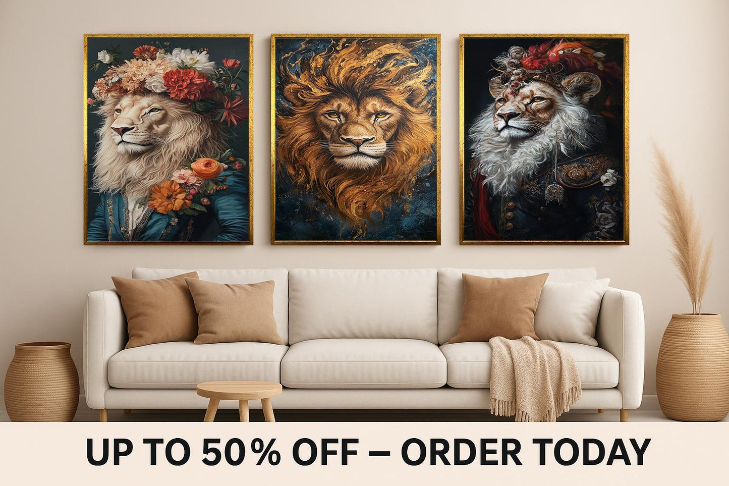 Floral Lion Portrait Set - Regal Animal Wall Art