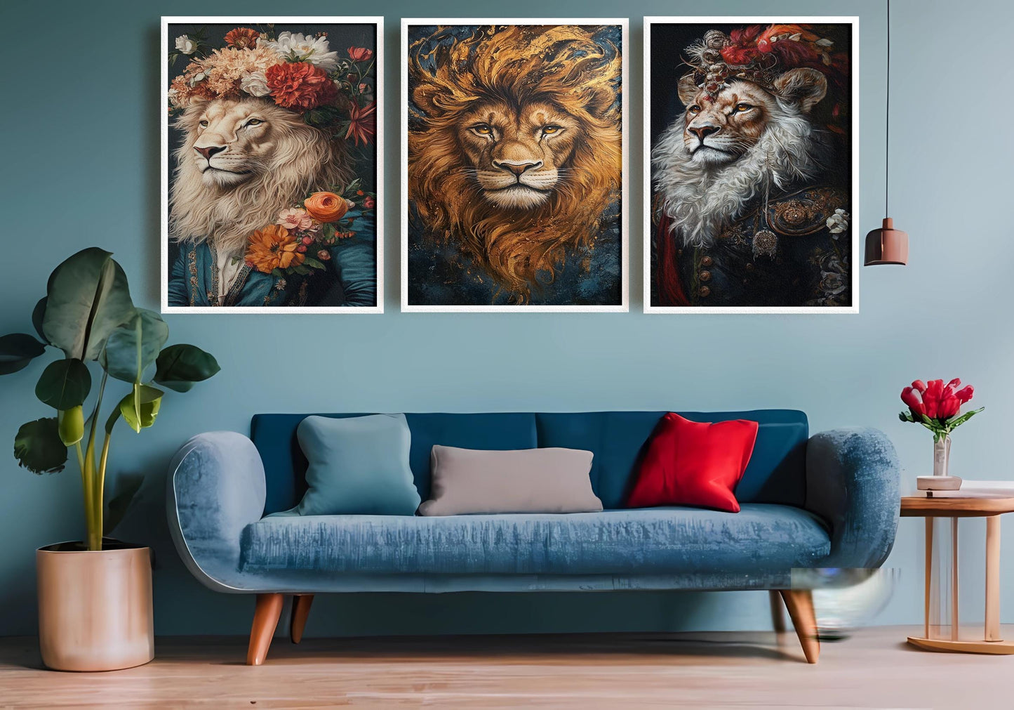Floral Lion Portrait Set - Regal Animal Wall Art