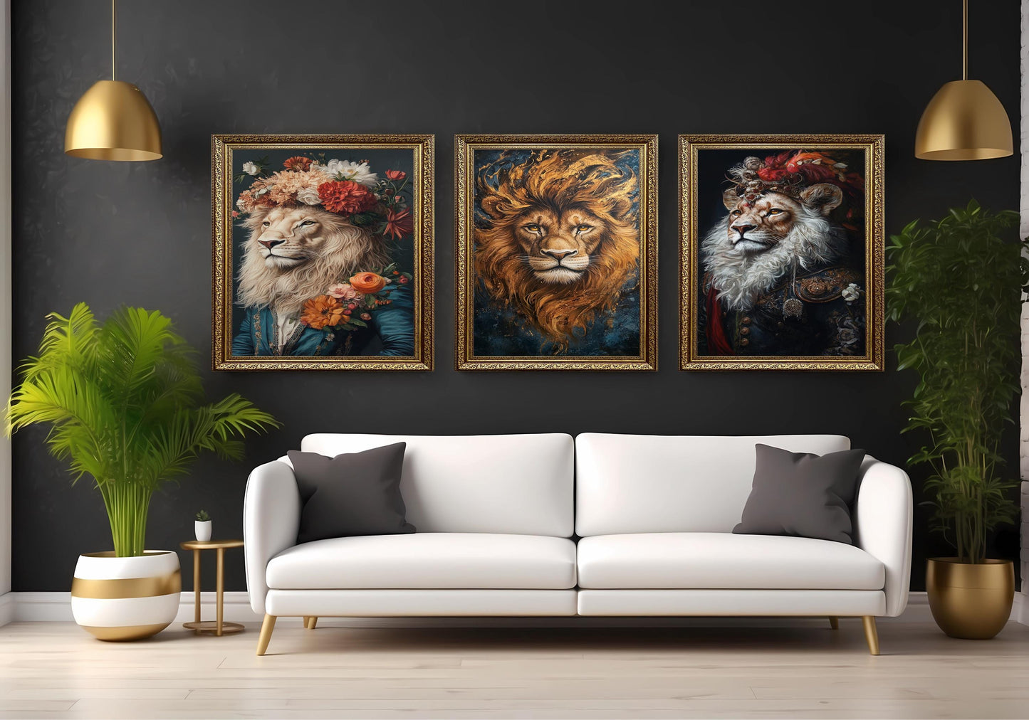 Floral Lion Portrait Set - Regal Animal Wall Art