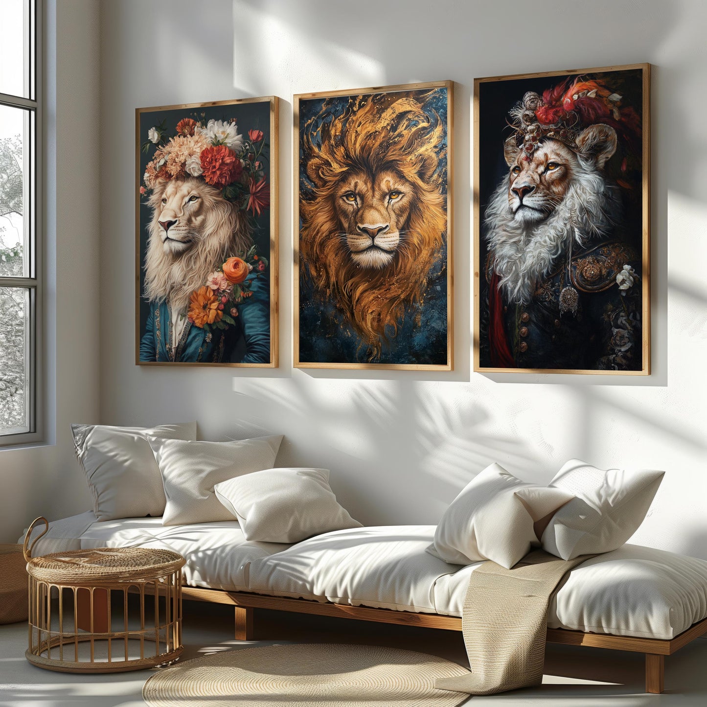 Floral Lion Portrait Set - Regal Animal Wall Art