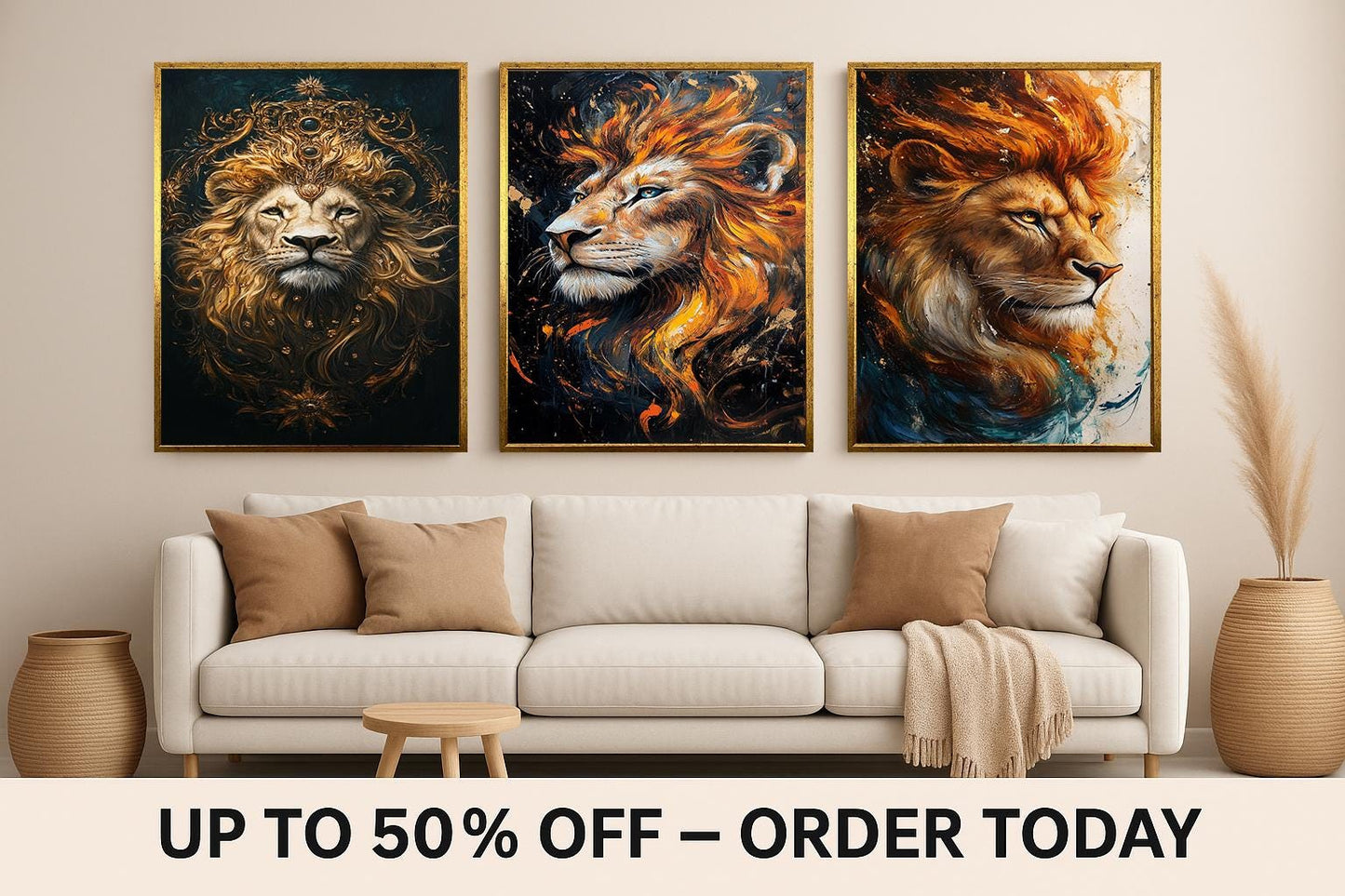 Majestic Lion Wall Art Set: Abstract Jungle King Prints with Gold