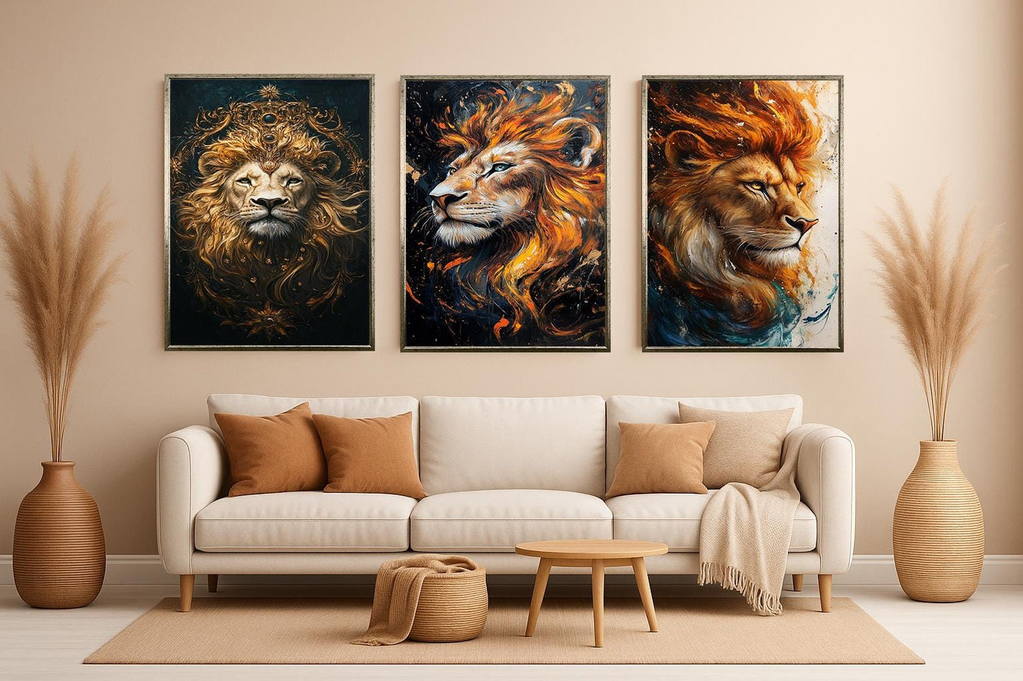 Majestic Lion Wall Art Set: Abstract Jungle King Prints with Gold