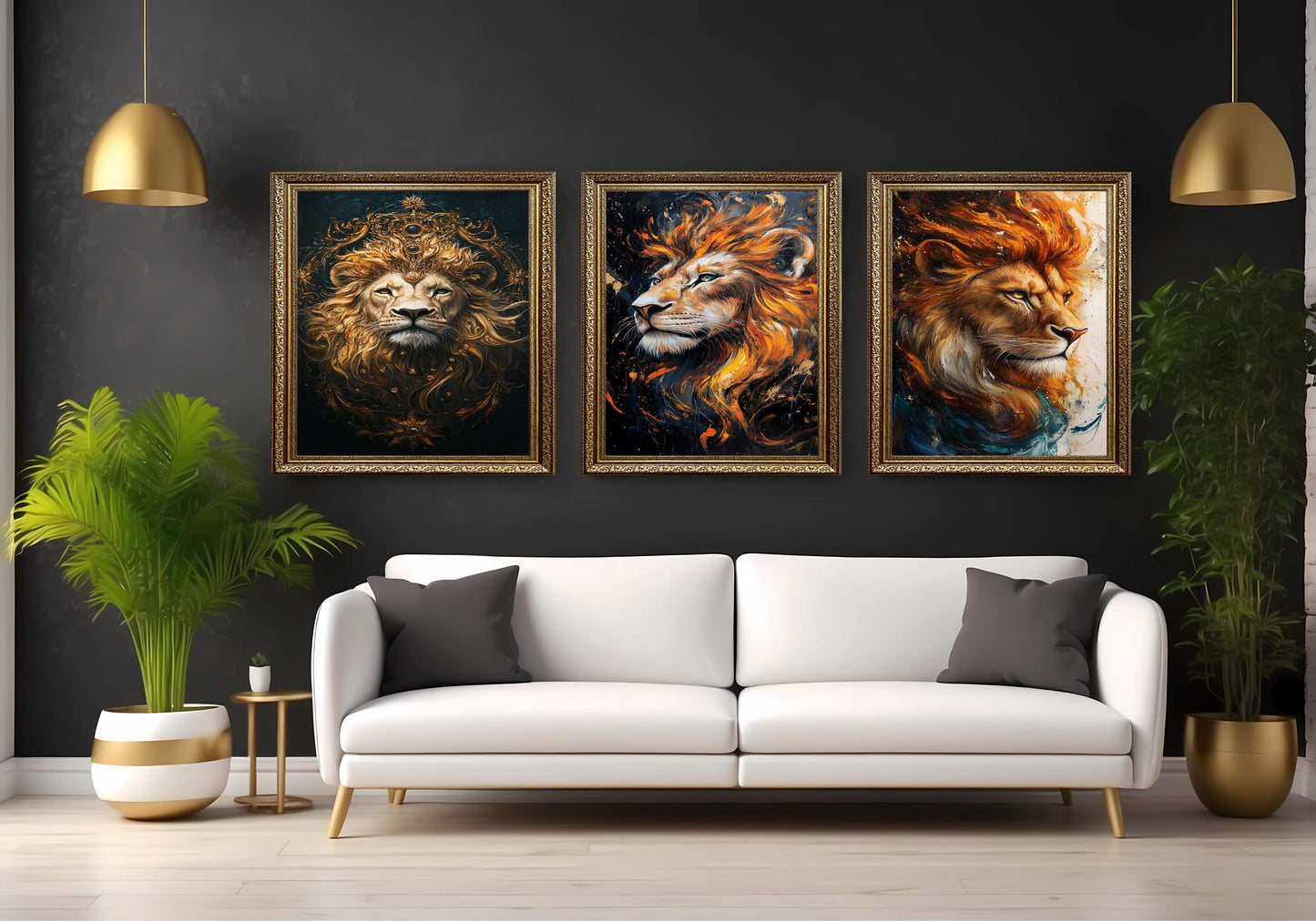 Majestic Lion Wall Art Set: Abstract Jungle King Prints with Gold