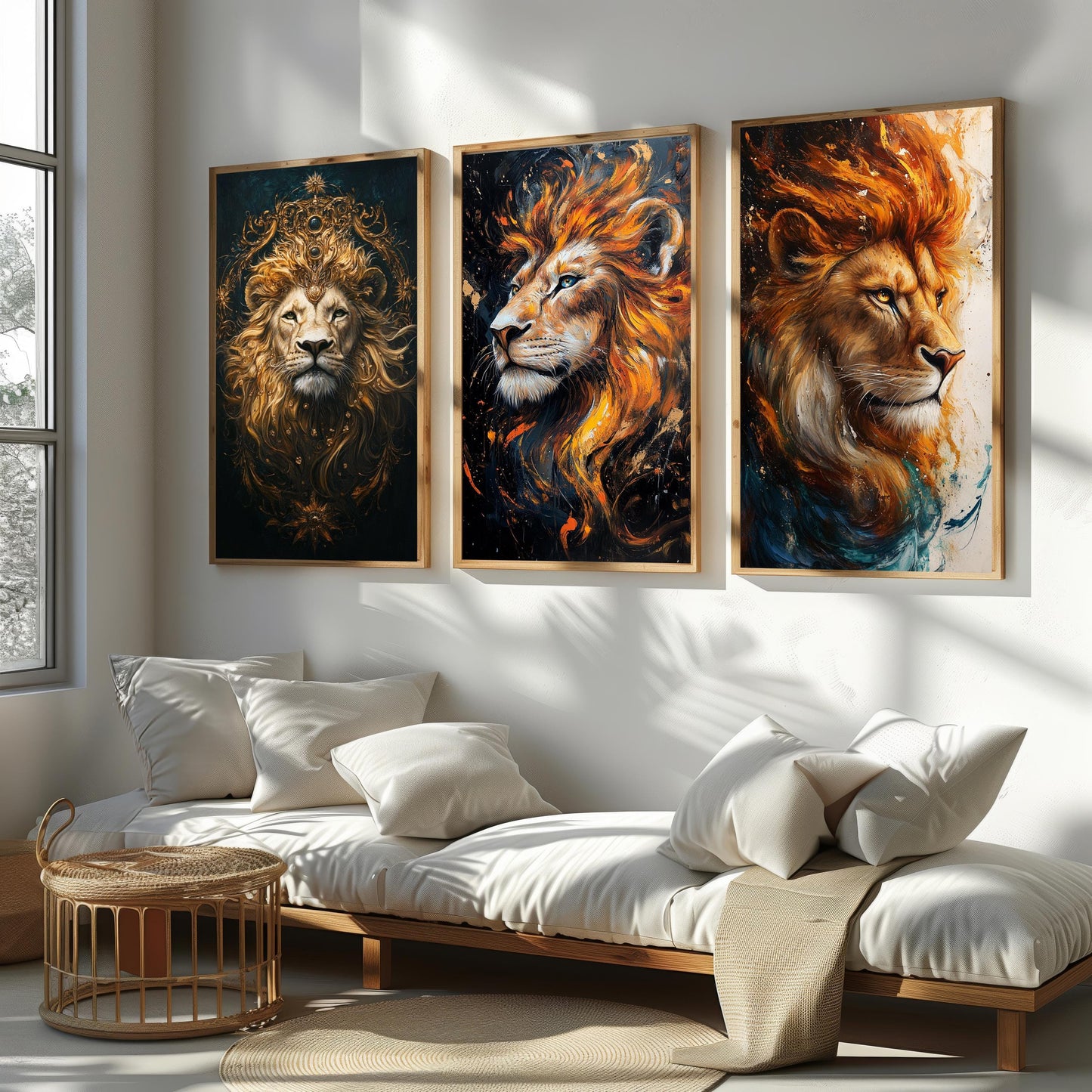 Majestic Lion Wall Art Set: Abstract Jungle King Prints with Gold