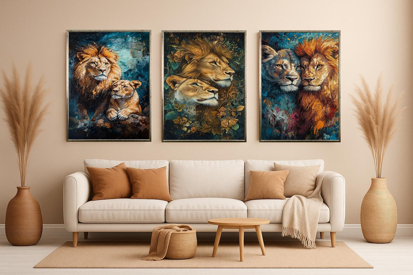 Lion Couple Canvas Art Set: Romantic Floral King and Queen Portraits