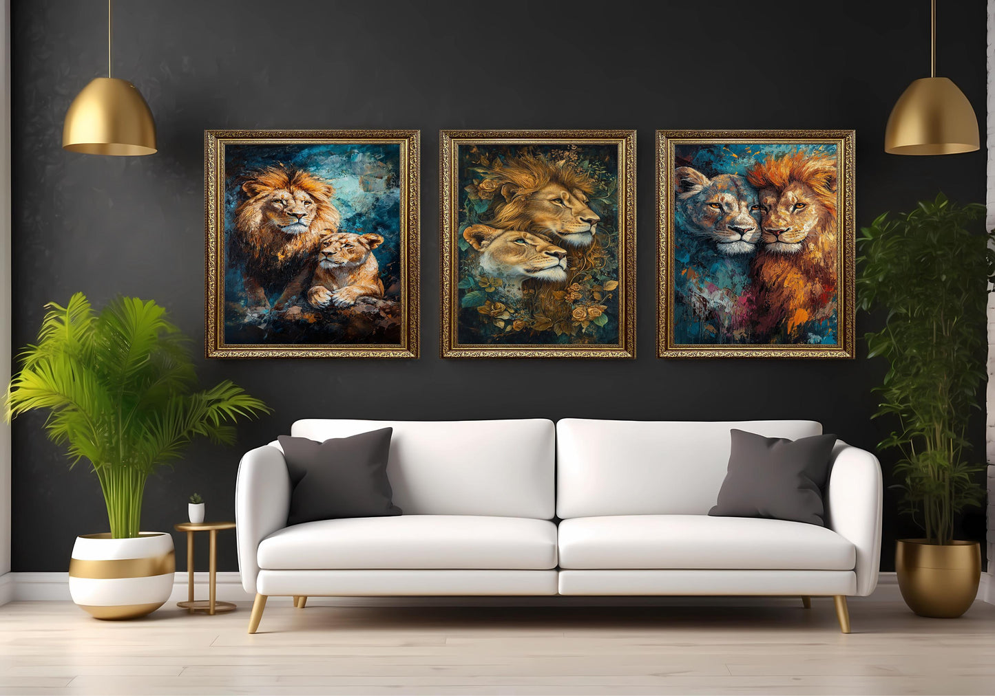 Lion Couple Canvas Art Set: Romantic Floral King and Queen Portraits