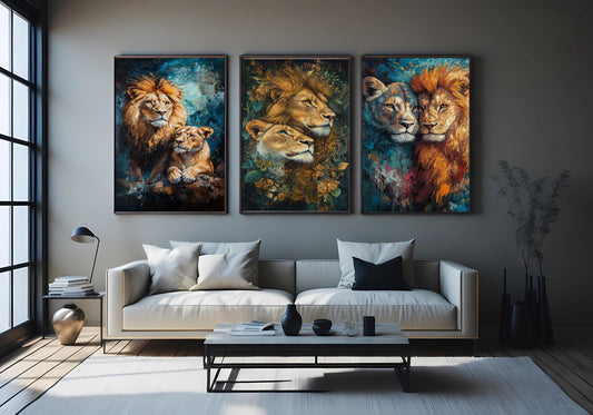 Lion Couple Canvas Art Set: Romantic Floral King and Queen Portraits