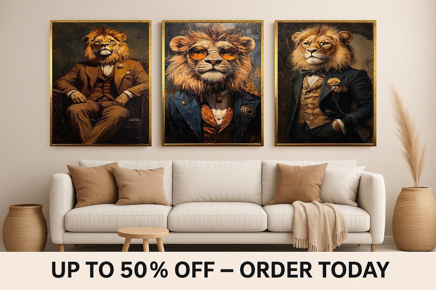Lion Gentleman Art Set: Regal Animal Portrait Prints
