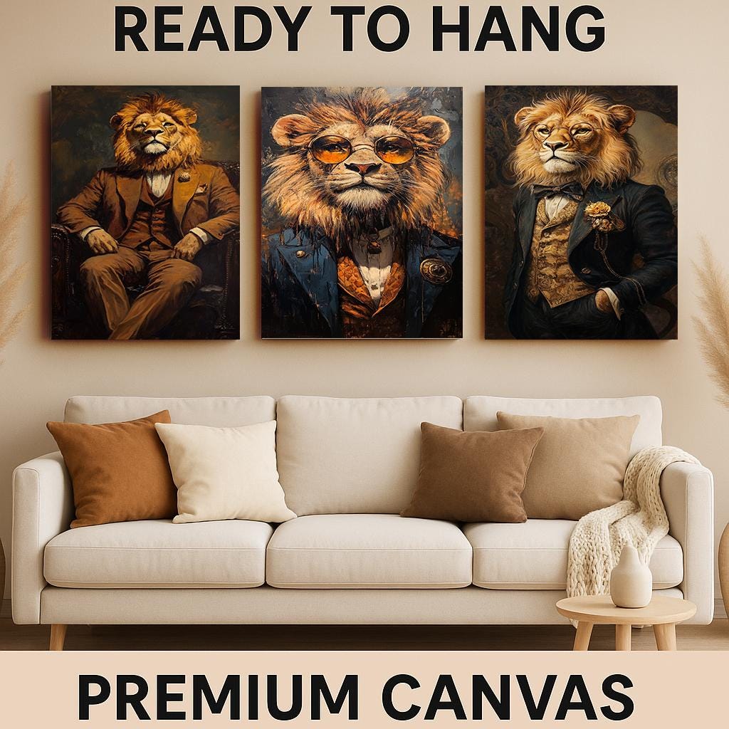 Lion Gentleman Art Set: Regal Animal Portrait Prints