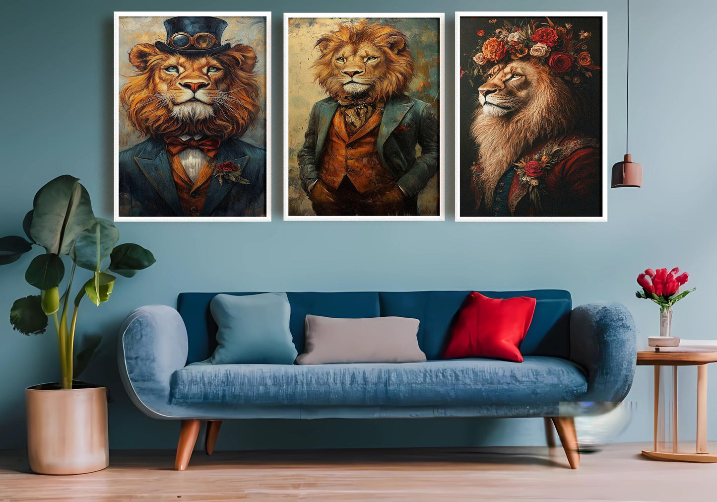 Lion Portrait Art Set: Royal Steampunk Style, Eclectic Wall Decor