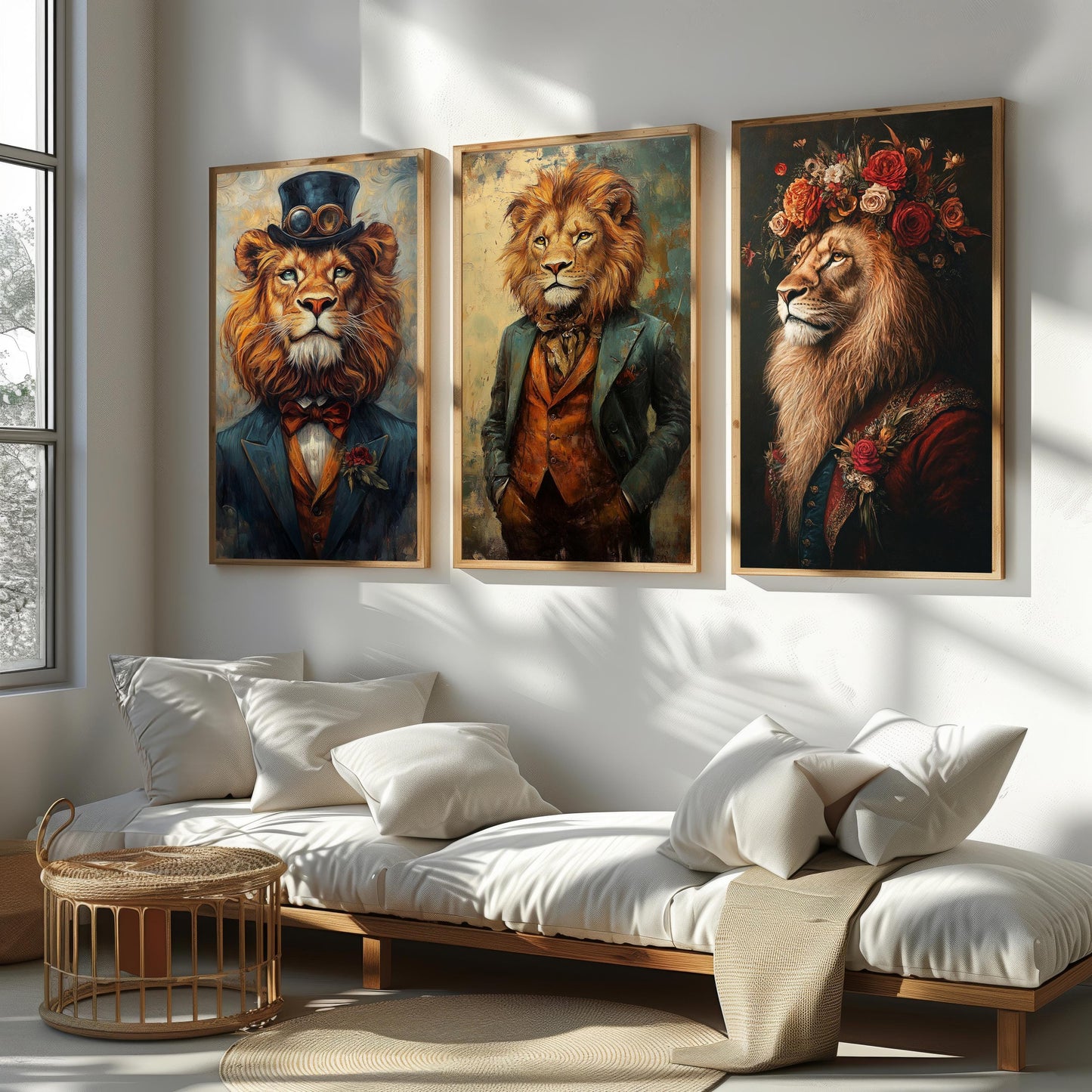 Lion Portrait Art Set: Royal Steampunk Style, Eclectic Wall Decor