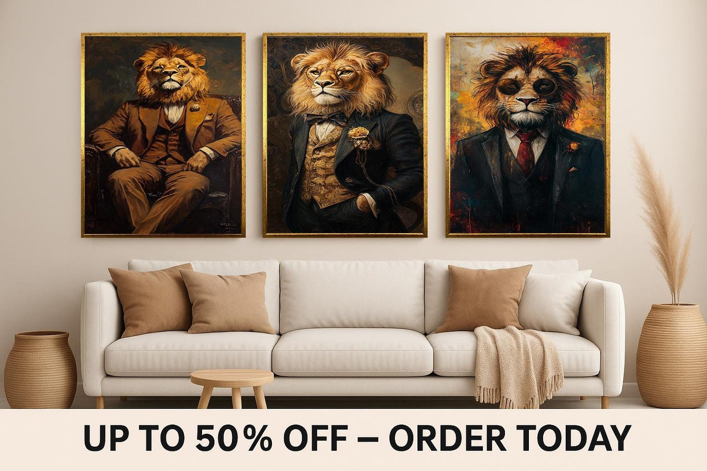 Dapper Lion Portrait Art - Set of 3 - Modern Animal Prints