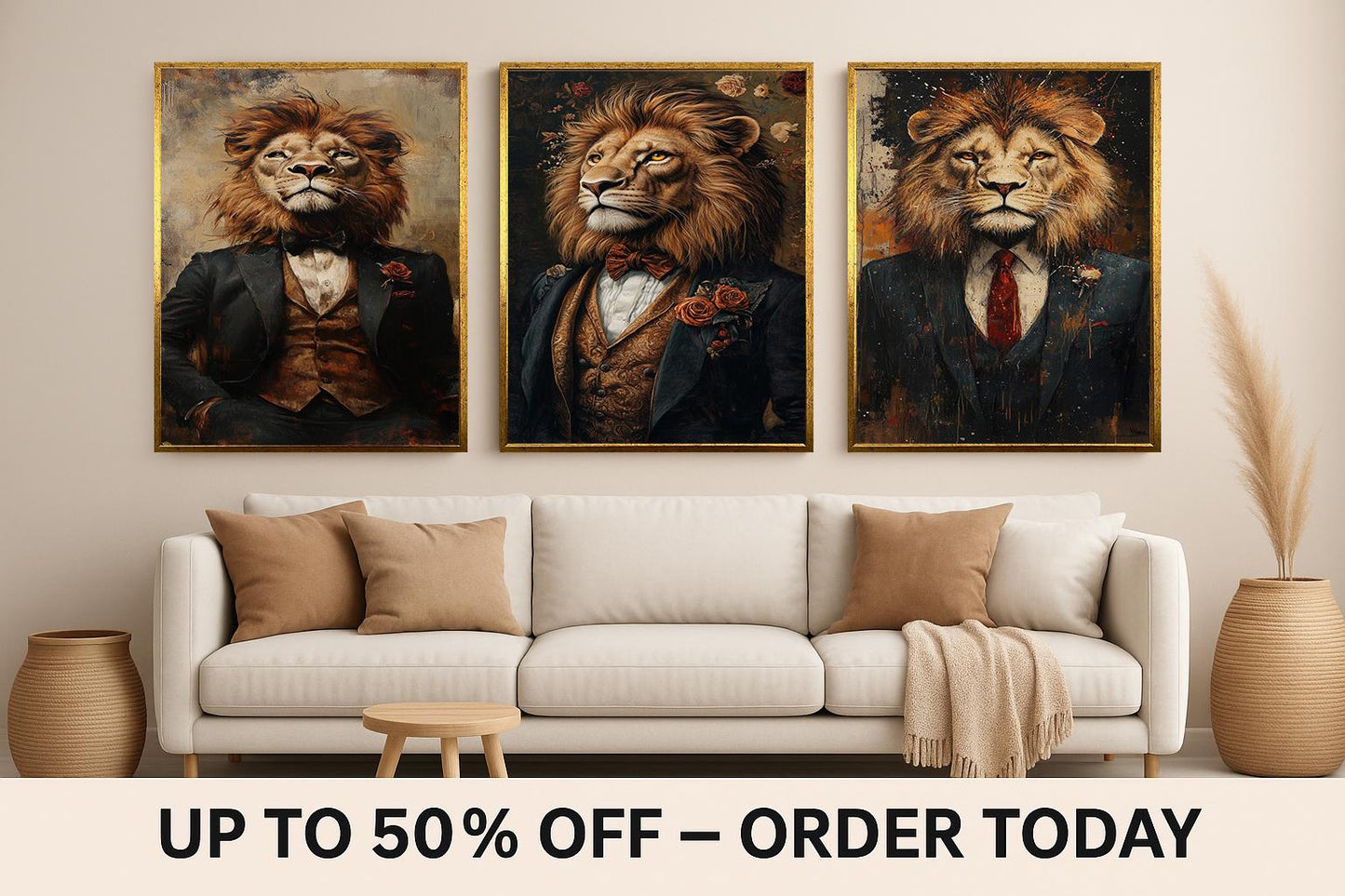 Regal Lion in Suit Canvas Print: Anthropomorphic Animal Art