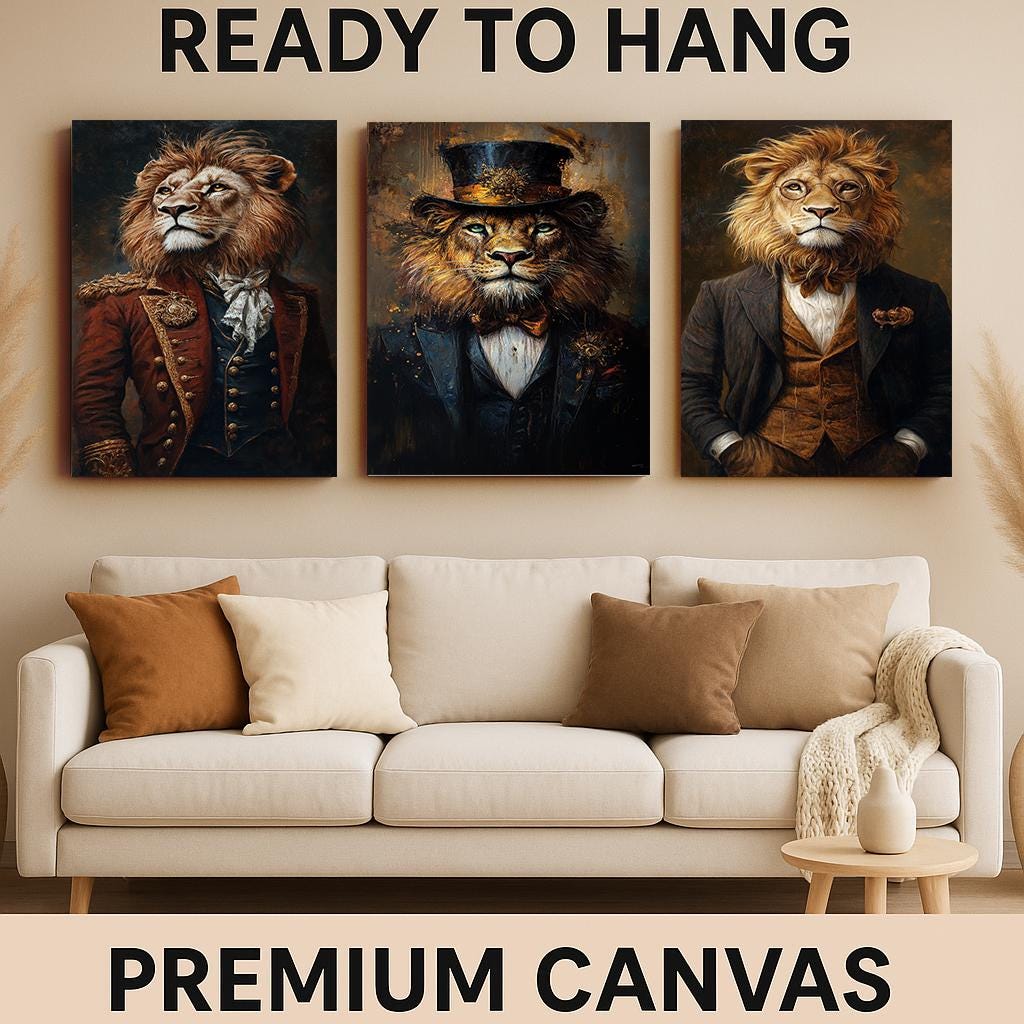 Victorian Steampunk Lion Portrait Art - Set of 3 - Regal Animal Prints