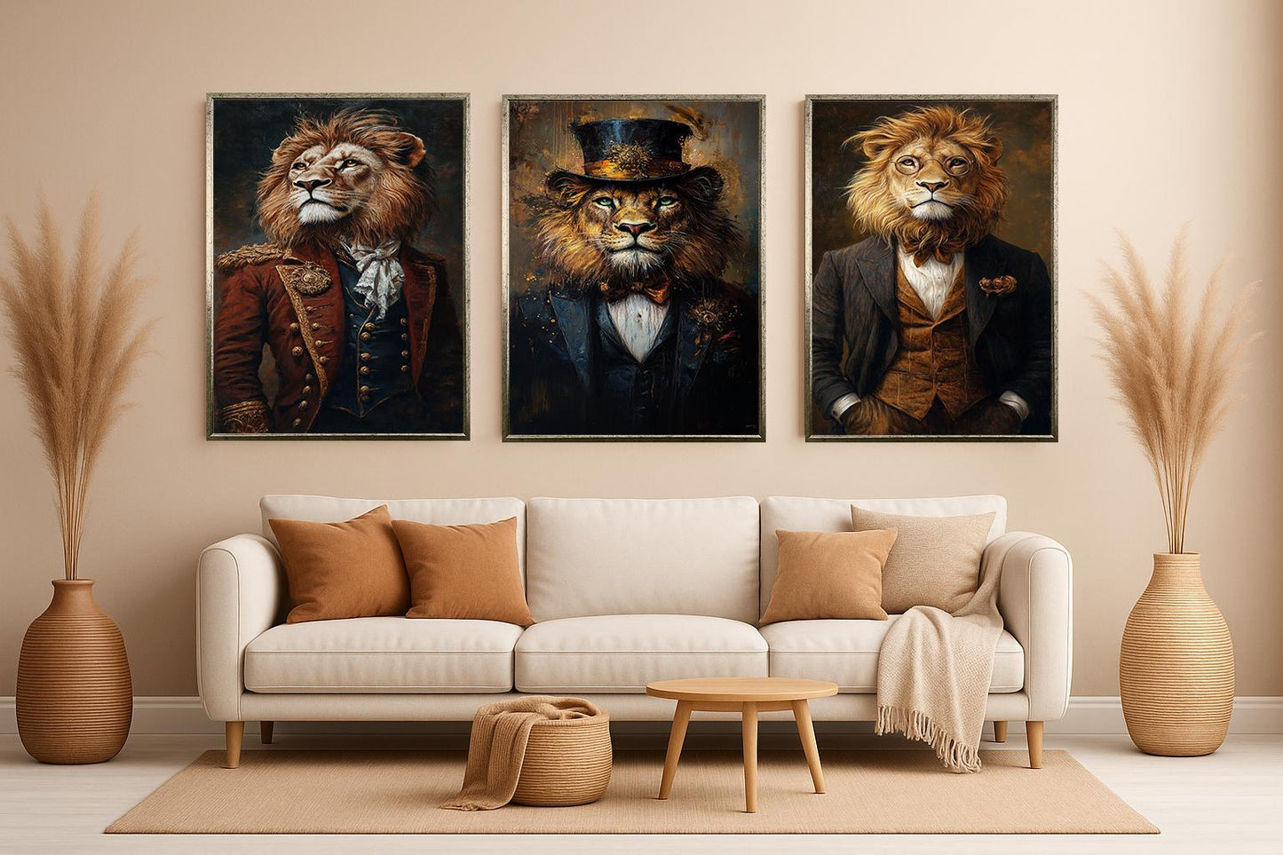 Victorian Steampunk Lion Portrait Art - Set of 3 - Regal Animal Prints