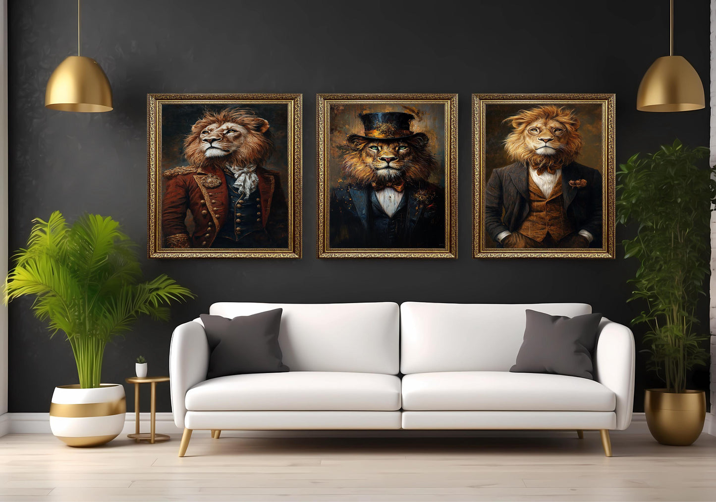 Victorian Steampunk Lion Portrait Art - Set of 3 - Regal Animal Prints