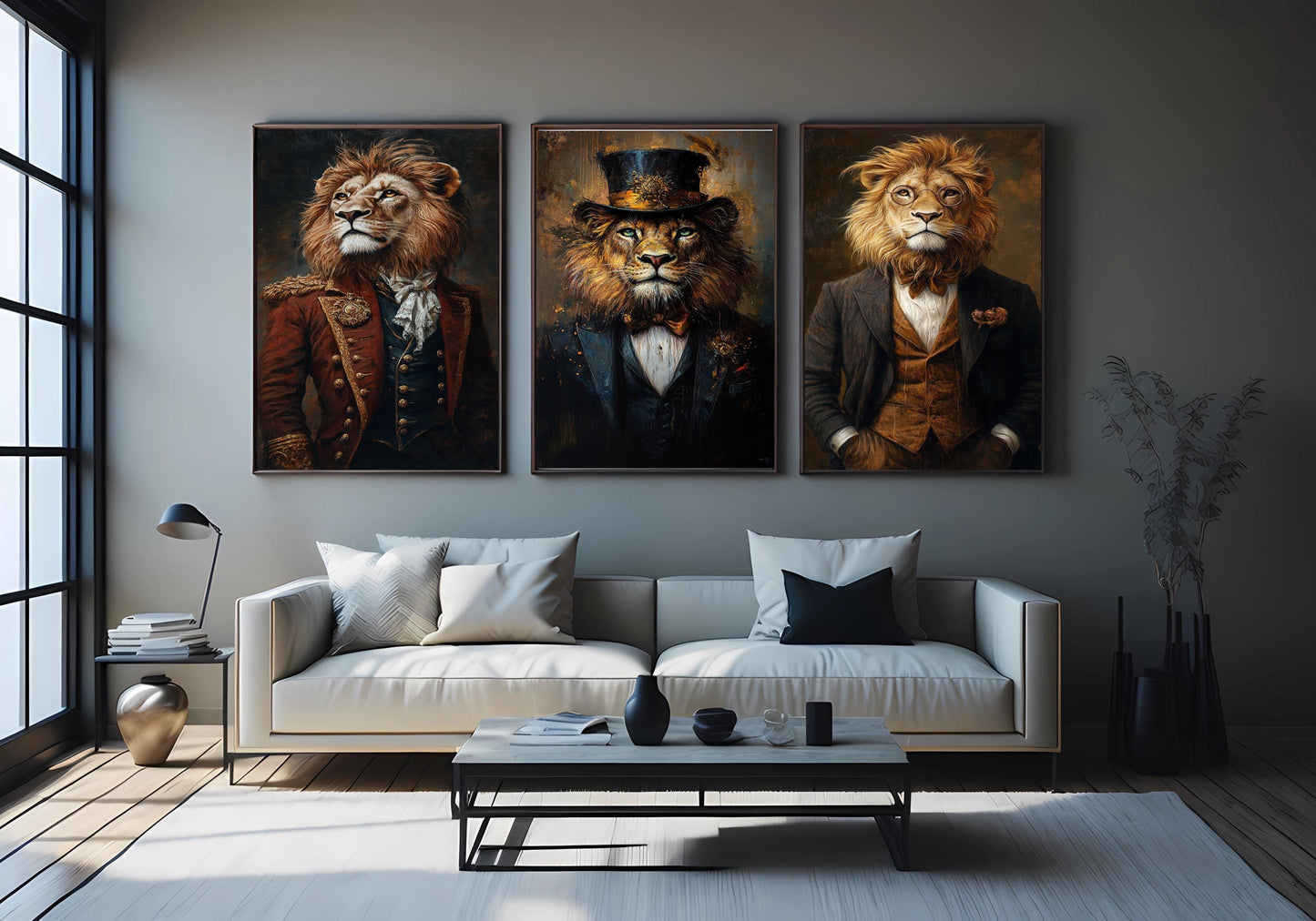 Victorian Steampunk Lion Portrait Art - Set of 3 - Regal Animal Prints
