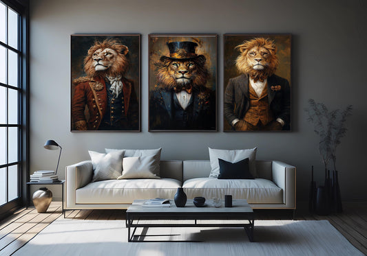 Victorian Steampunk Lion Portrait Art - Set of 3 - Regal Animal Prints