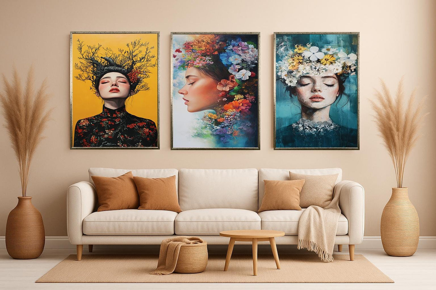 Floral Woman Portrait Art Set: Surreal Botanical Canvas Prints