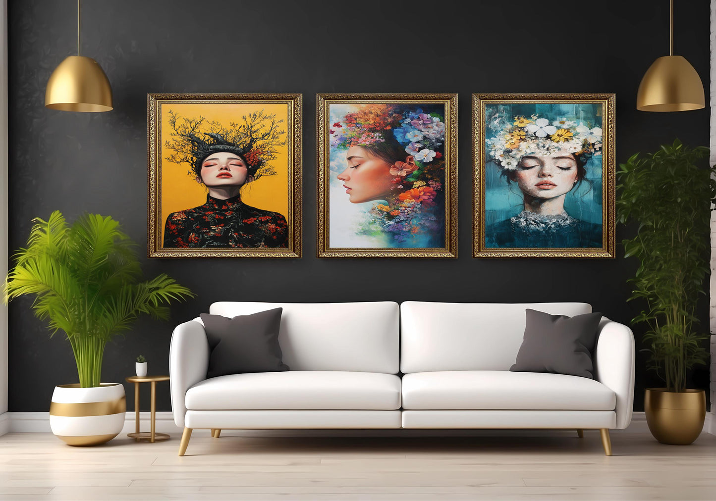 Floral Woman Portrait Art Set: Surreal Botanical Canvas Prints