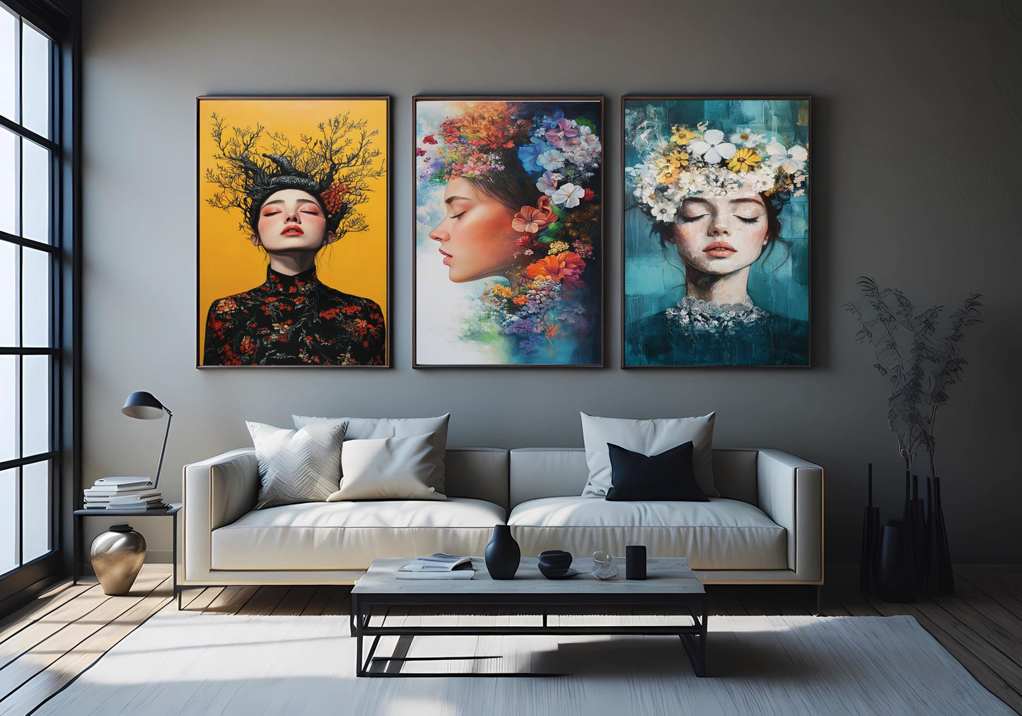 Floral Woman Portrait Art Set: Surreal Botanical Canvas Prints