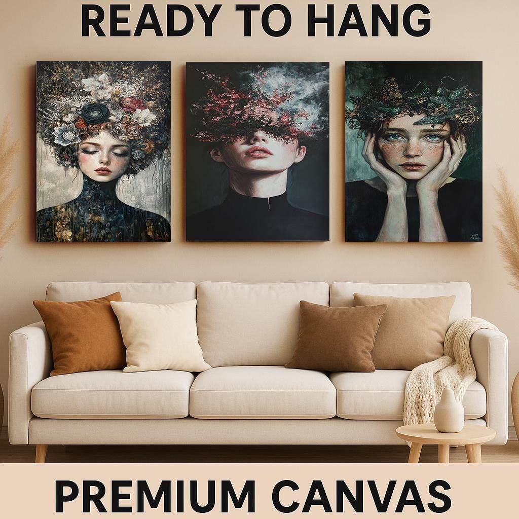 Gothic Floral Woman Portrait Canvas Print Set: Moody Surreal Art