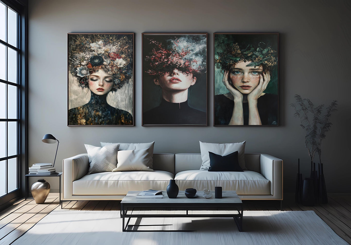 Gothic Floral Woman Portrait Canvas Print Set: Moody Surreal Art