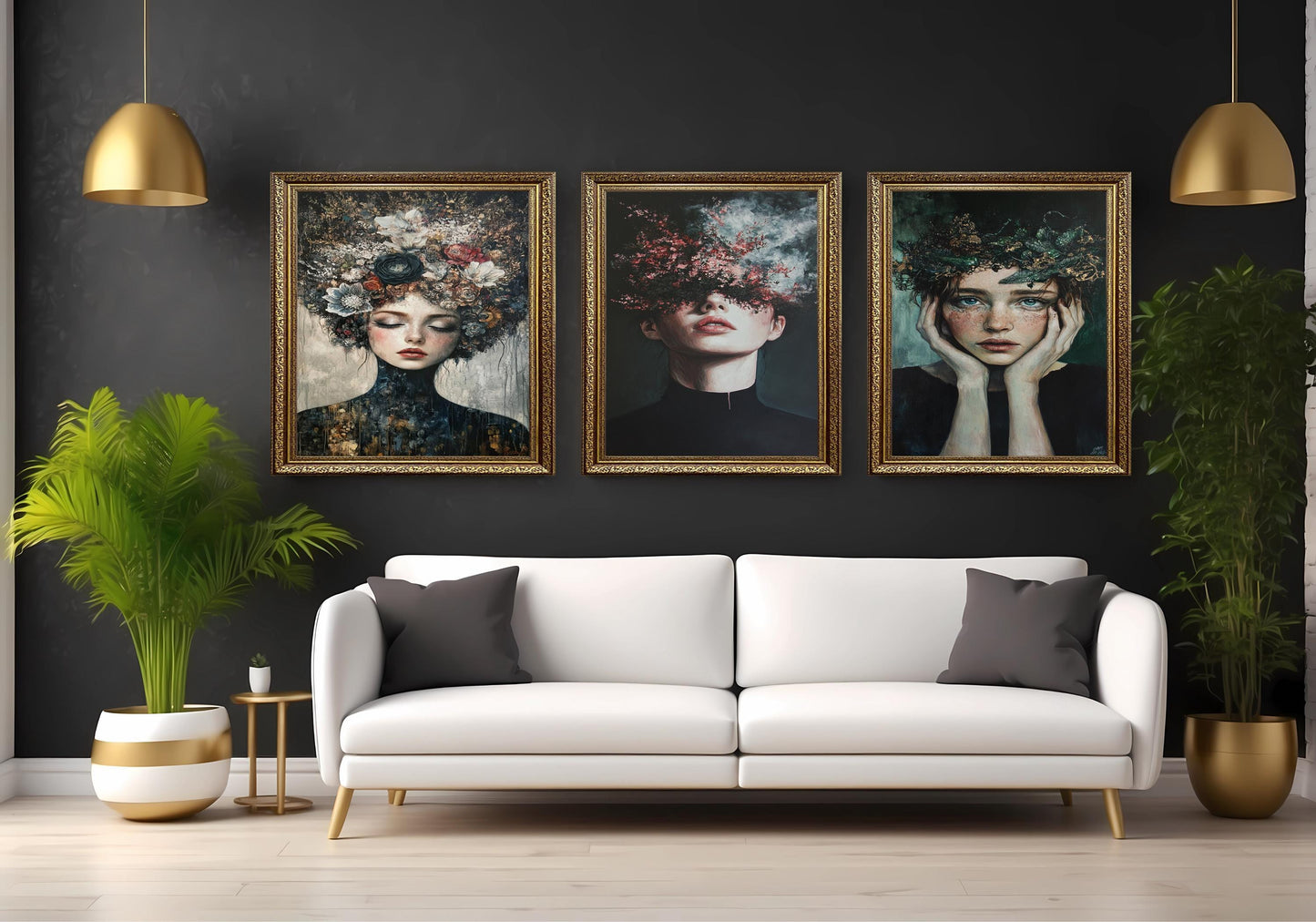 Gothic Floral Woman Portrait Canvas Print Set: Moody Surreal Art
