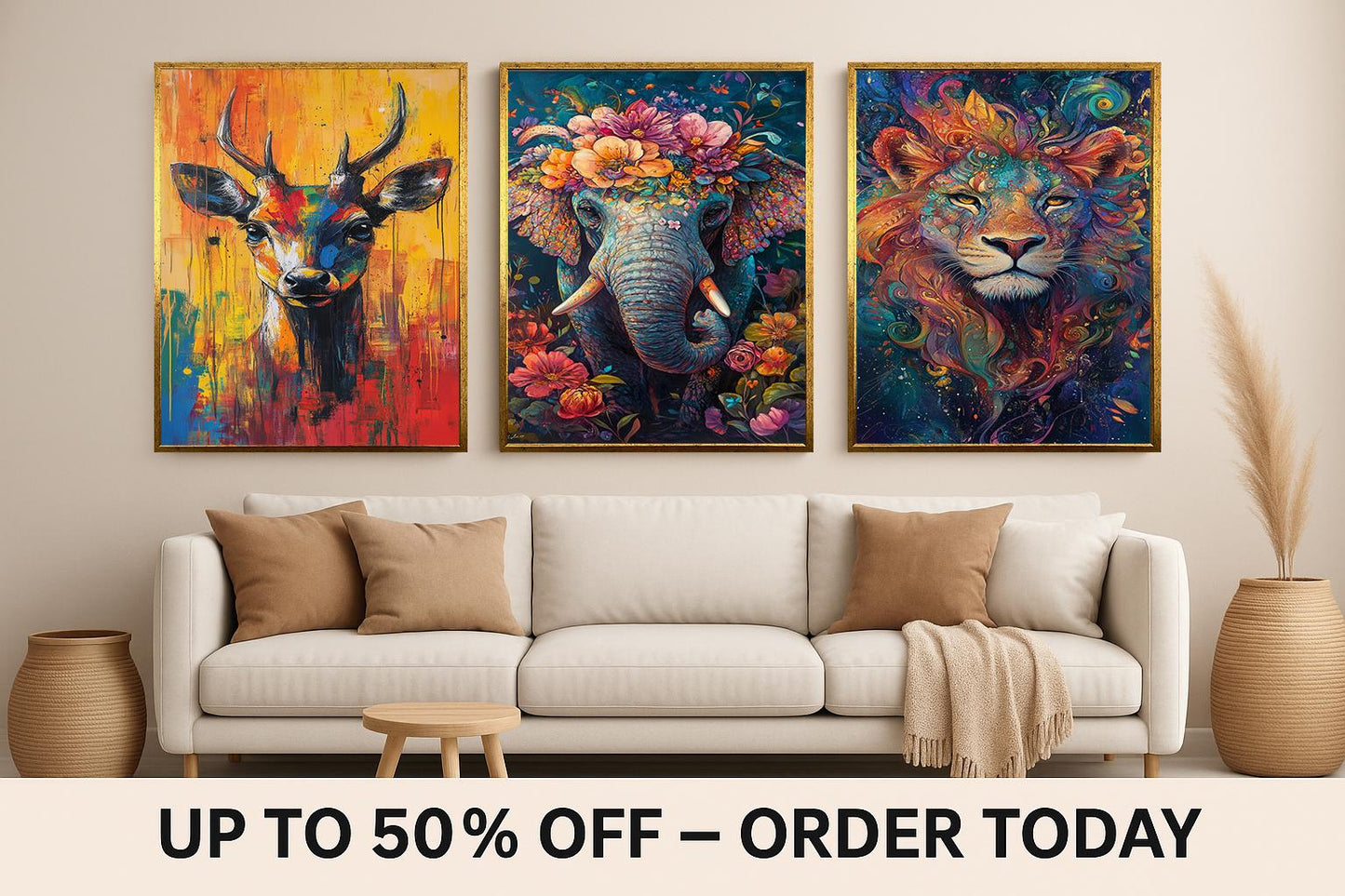 Abstract Animal Prints Set: Boho Elephant, Lion, Deer