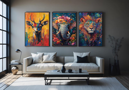 Abstract Animal Prints Set: Boho Elephant, Lion, Deer