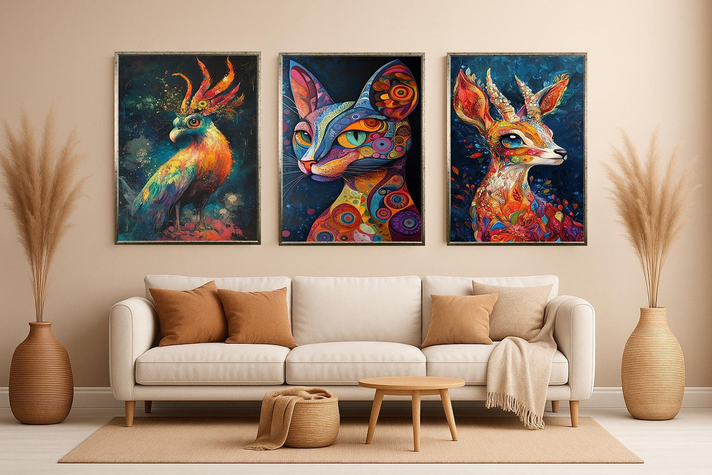 Psychedelic Animal Prints Set: Boho Abstract Cat, Deer, Bird Wall Art